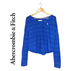 ABERCROMBIE & FITCH Long Sleeve V-Neck Tee Blue Distressed Stripes Shirt women S